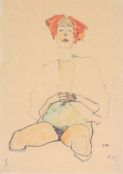 Semidesnudo sentado con cabello rojo de Egon Schiele